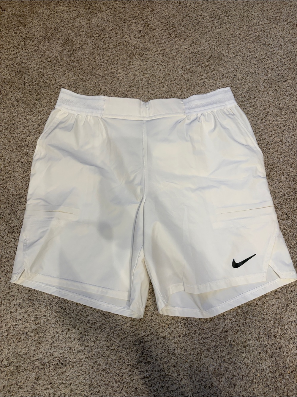 Nike Men's White Athletic Performance Shorts with Black Swoosh